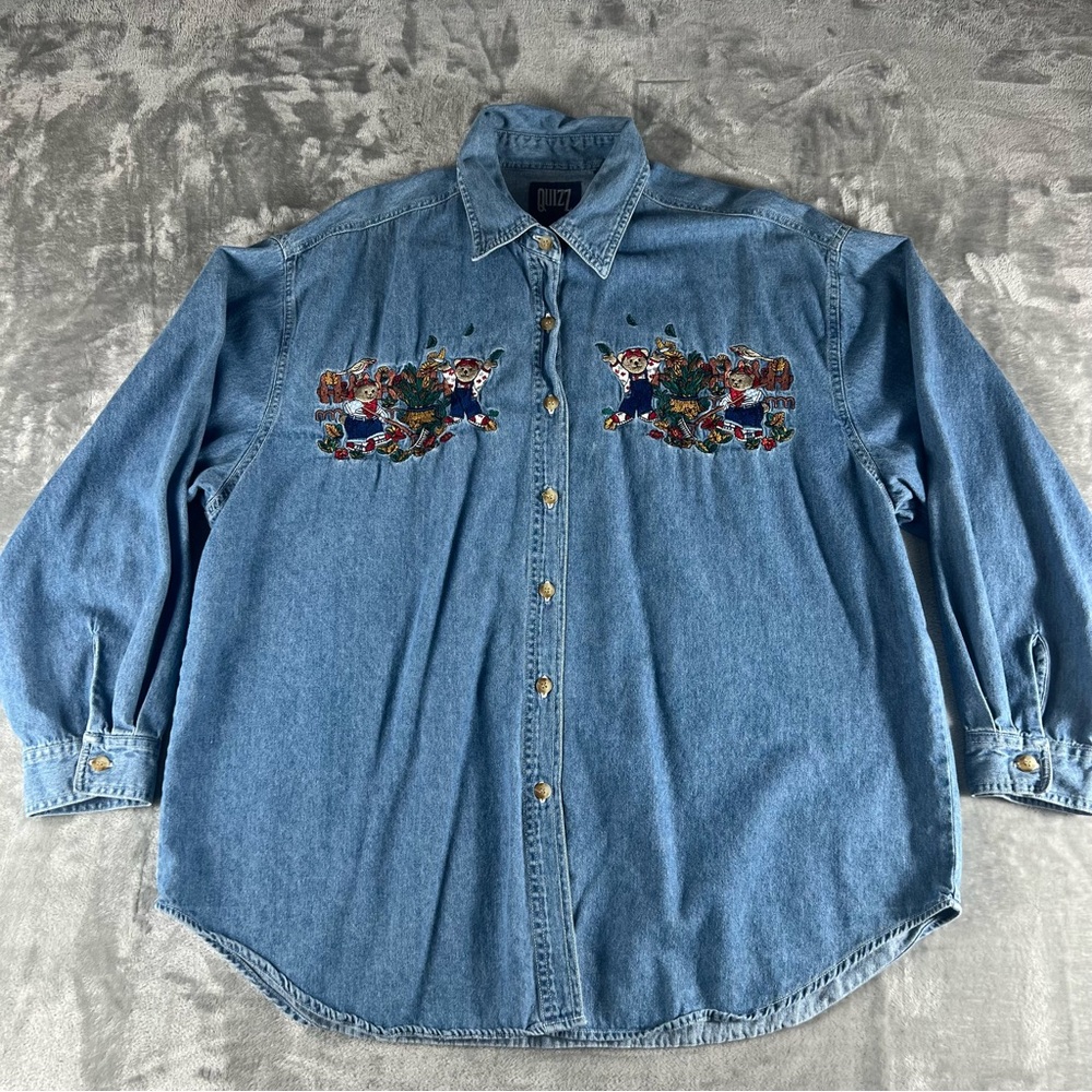 Vintage Quizz Women's Sz 22 Denim Long Sleeve Shirt Embroidered Bears Fall